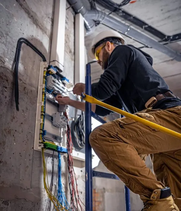 An electrician in safety gear works on cabling and wiring in an electrical panel, standing on a ladder in an unfinished building.